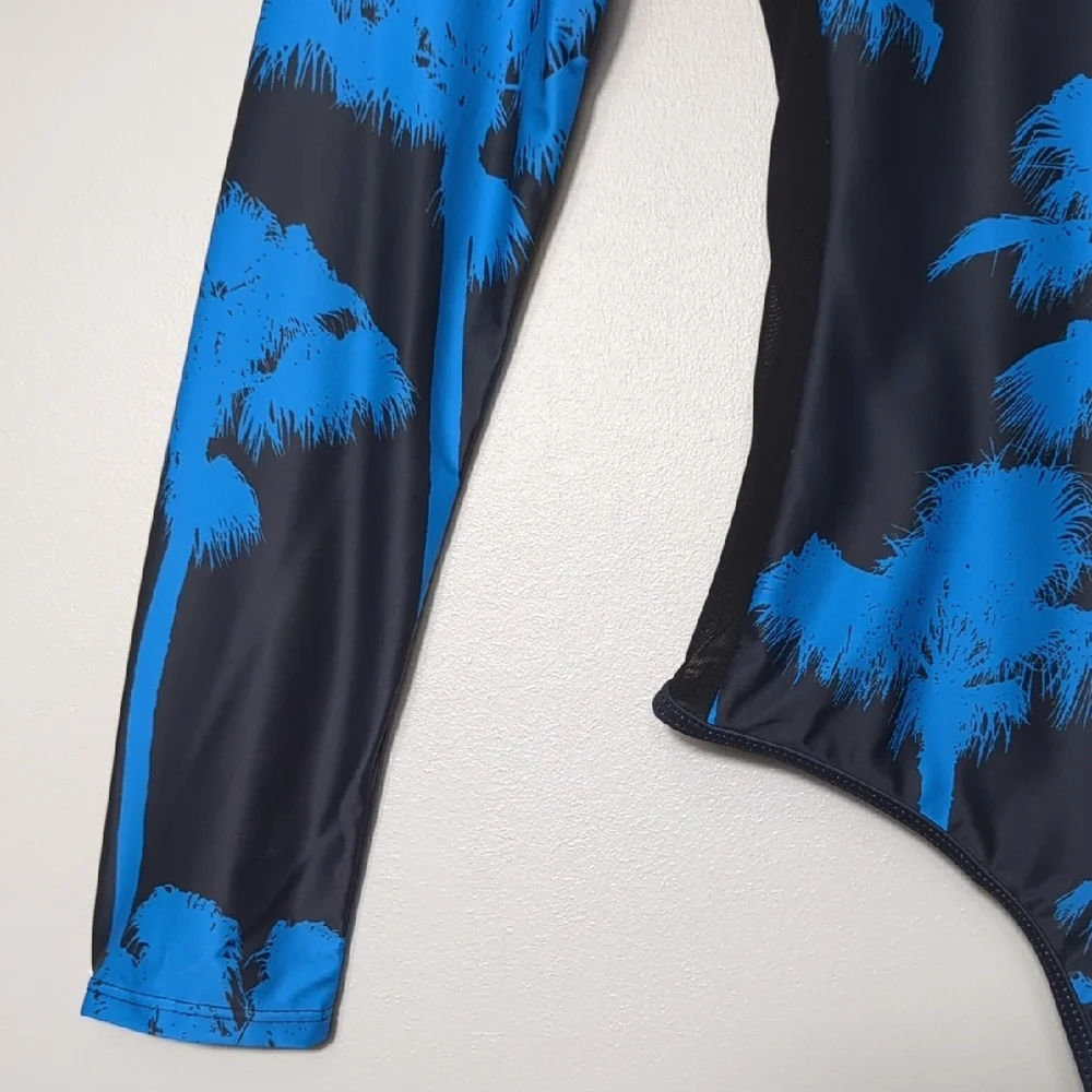 Fashion Nova Drip Palms One Piece Swimsuit Black Blue‎ Long Sleeve Tropical XL